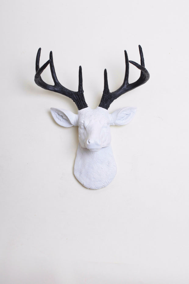 Mini White & Black Stag Head Wall Mount. mini white resin deer head sculpture & black antler decor wall hanging 