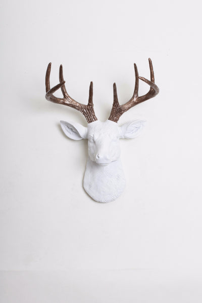 Bronze Faux Antler Stag Head, Mini Lydia. mini white resin deer head sculpture & bronze antler decor wall hanging 