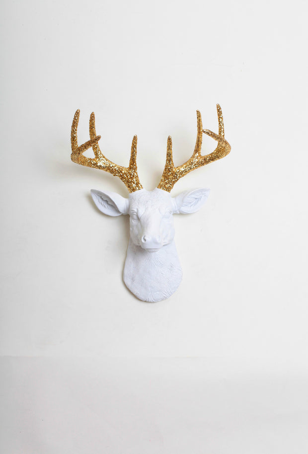 mini white resin deer head sculpture & gold glitter antler decor wall hanging 