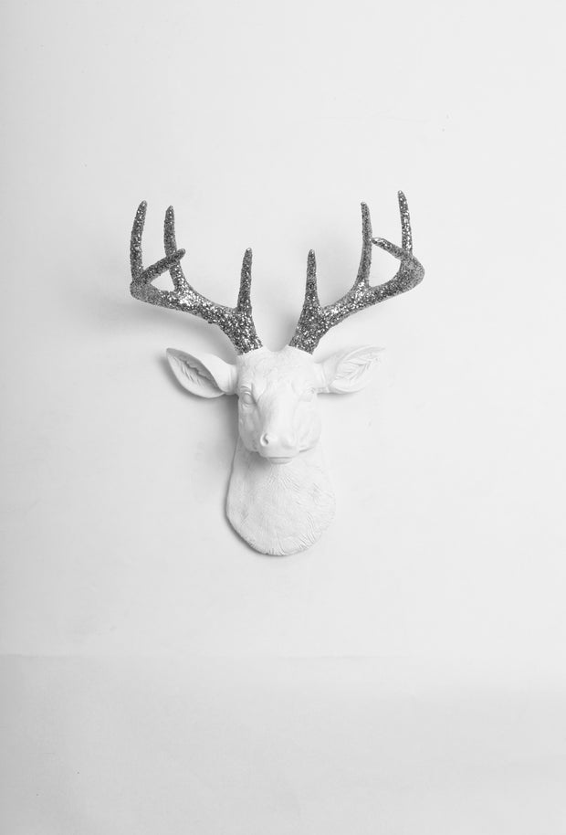 mini white resin deer head sculpture & silver glitter antler decor wall hanging 
