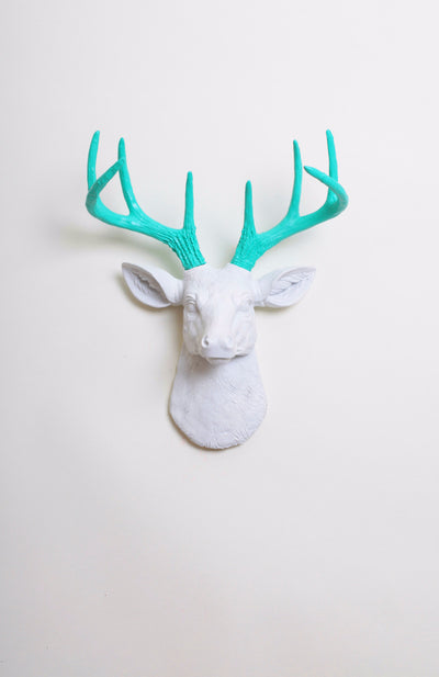 Turquoise Faux Antlers & White Stag Head Wall Mount. mini white resin deer head sculpture & turquoise antler decor wall hanging 