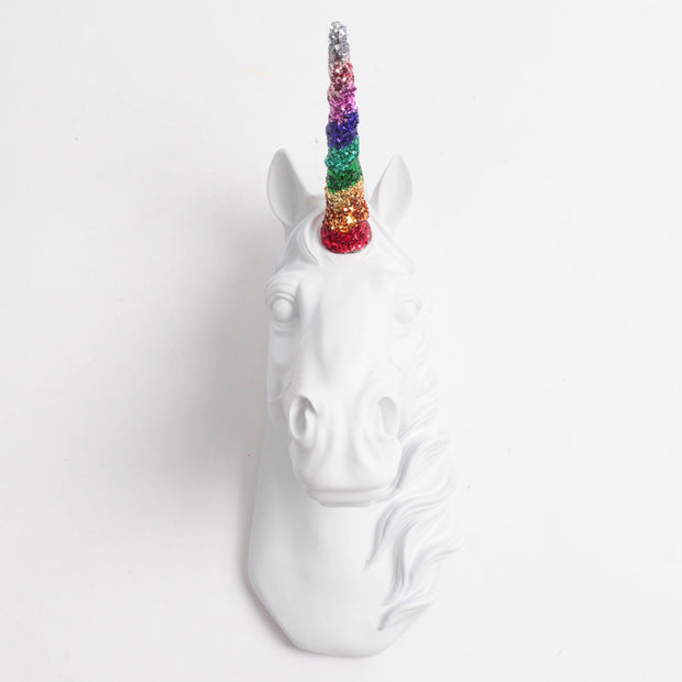 White Unicorn w/ Rainbow Glitter Staff - Front View