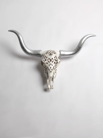 Filigree Longhorn Skull Wall Mount with Silver Antlers. Naturally-Colored Resin