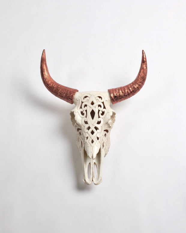 Natural Filigree Bison Skull w/Copper Horns - White Faux Taxidermy - Resin Buffalo Bison Skull Head - Western Cow Skull - Biophilia Decor
