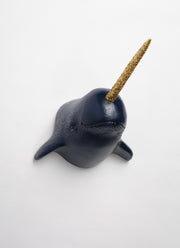 Navy Blue Narwhal head with gold glitter horn wall mount