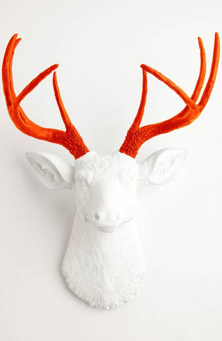 white deer head with orange antlers wall mount, Fake Taxidermy