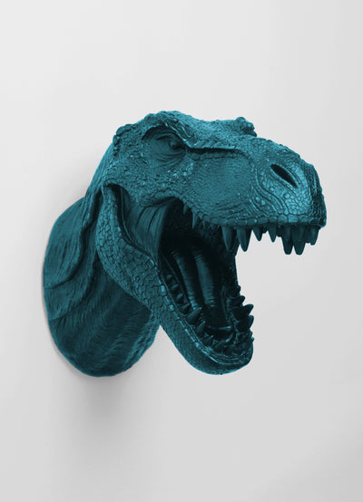 Dinosaur Head in Petrol-Blue, Fake Taxidermy Trex Head