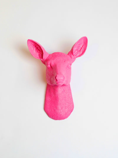 Pink Doe Head Wall Mount, Girl Deer- The Ophelia in Pink. Pink Resin faux doe deer head without antlers wall sculpture by White Faux Taxidermy