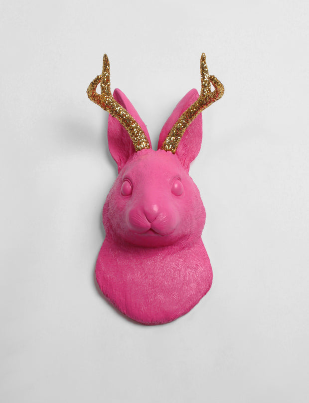 (PRE-SALE) White Faux Taxidermy Exclusive - The Corduroy in Pink w/Gold Glitter Antlers - Jackrabbit Head- Jackalope Mount -Animal Friendly Decor
