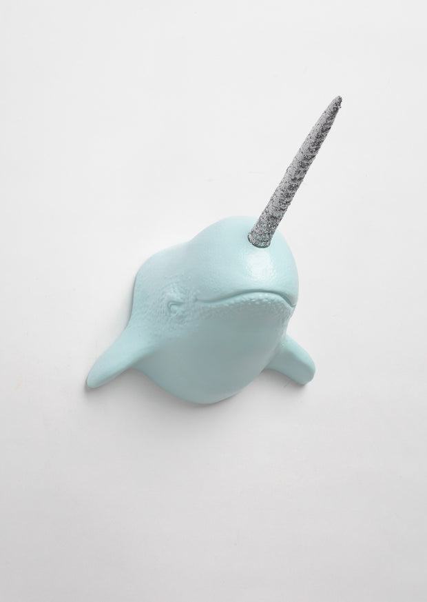 Light Blue Narwhal wall mount with silver glitter horn