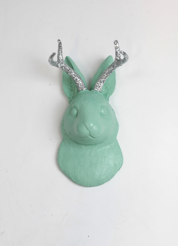 (PRE-SALE) The Corduroy in Seafoam Green w/Silver Glitter Antlers  | Jackalope Head Faux Taxidermy
