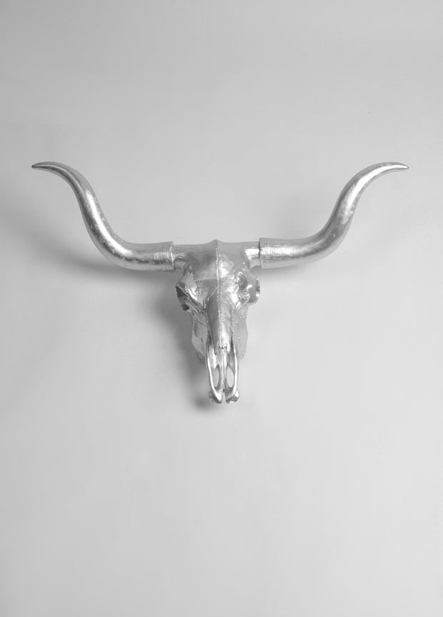 Metal Silver Texas Longhorn Skull in Resin Wall Mount, The Greydon
