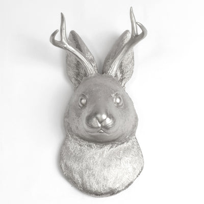 Back in Stock! White Faux Taxidermy Jackalope - The Corduroy in Silver -Faux Jackalope - Silver Resin Jack rabbit Art - Bunny Mount -Animal Friendly Decor