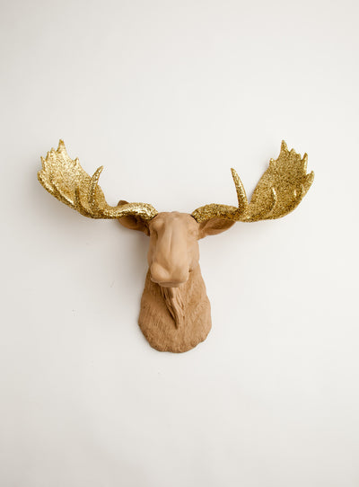 Tan Faux Moose with Gold Glitter Antlers, 18.5" tall