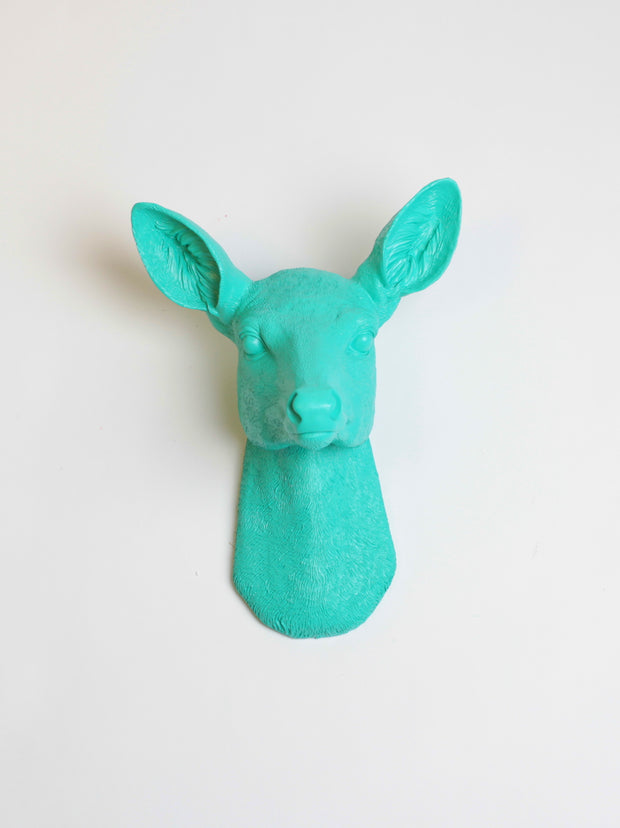 Turquoise Doe Deer Head Wall Mount, The Ophelia Female Deer. Turquoise Resin faux doe deer head without antlers wall sculpture by White Faux Taxidermy