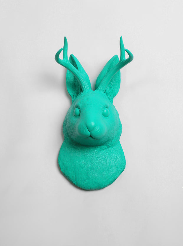 Back in Stock! White Faux Taxidermy Exclusive - The Corduroy in Turquoise -Faux Jackalope - Resin Jackrabbit Head- Jackalope Mount -Animal Friendly Decor
