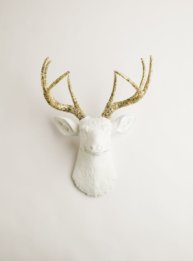 gold glitter faux deer antlers, white faux deer head wall mount 
