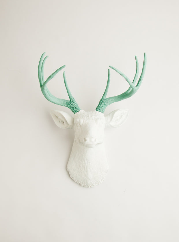 white & seafoam wall decor deer, The Isabella. Seafoam-green faux deer antlers, white faux stag head wall mount 