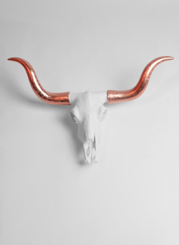 White & Bronze resin Longhorn Cow Skull Decor. The Bellevue