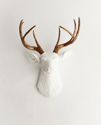 Stag Head in White & Bronze Wall Decor, The Lydia. metallic bronze faux deer antlers, white faux deer head wall mount 