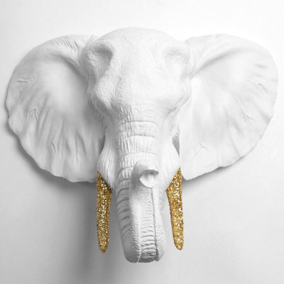 White Elephant Head With Gold Glitter Tusks