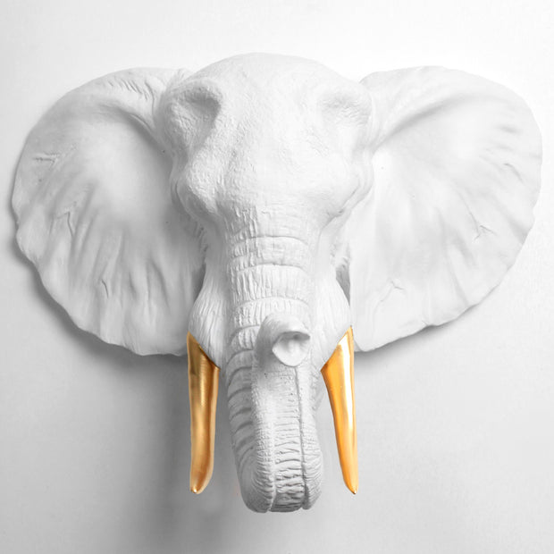 The Tolsby in White and Gold | Elephant Head Wall Mount Faux Taxidermy | Boho Decor