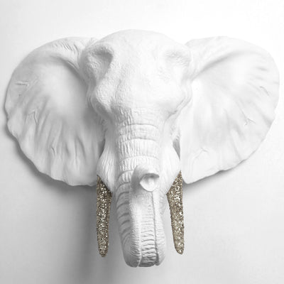 White Faux Elephant wall Mount with Silver Glitter Antlers
