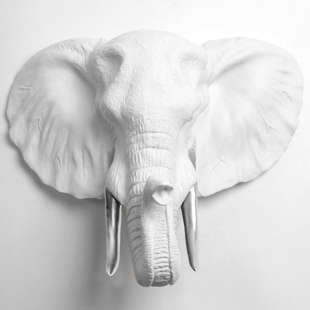 The Tolsby in White and Silver | Elephant Head Wall Mount Faux Taxidermy | Boho Decor