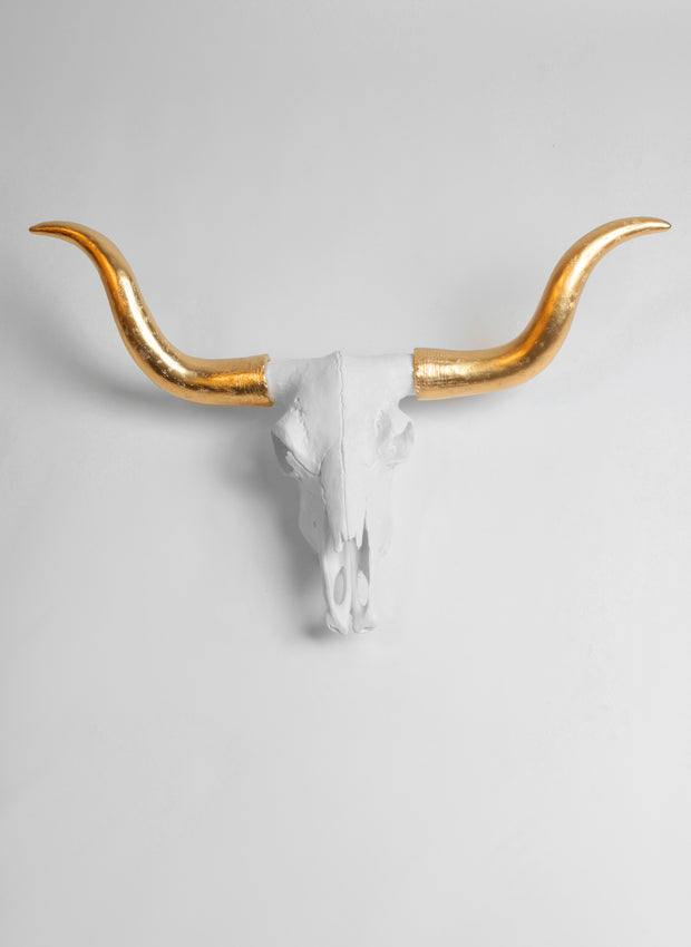 Faux Longhorn Skull white & gold horns. The Savannah Cow Skull Decor