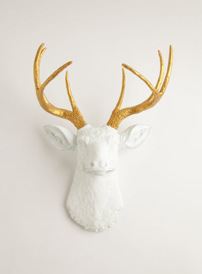 Deer head in White & Gold Wall Decor, The Alfred. metallic gold faux deer antlers, white resin deer head wall sculpture