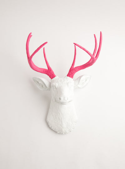 Pink & White wall mount, The Boris. pink resin deer antlers, white faux deer head wall decoration 
