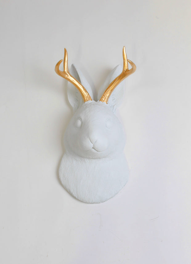 Back in Stock! The Corduroy in White w/ Gold Antlers  | Jackalope Head | Faux Taxidermy | White w/ Gold Antlers