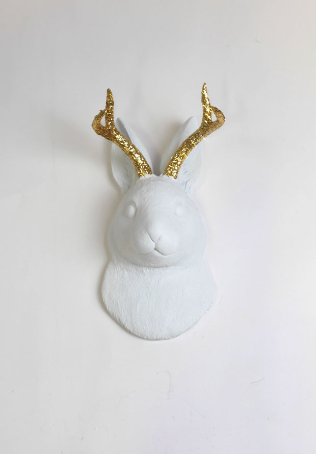 Back in Stock! The Corduroy in White w/Gold Glitter  | Jackalope Head | Faux Taxidermy | White Resin