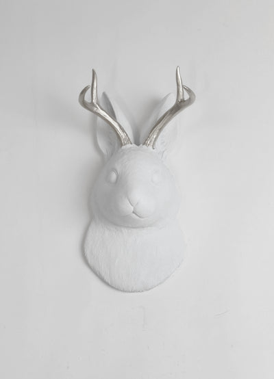 Back in Stock! The Corduroy in White w/ Silver Antlers  | Jackalope Head | Faux Taxidermy | White w/ Silver Antlers