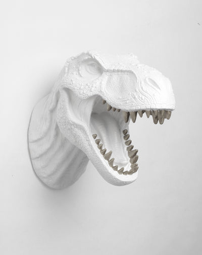 Dinosaur Head Wall Hanging with Silver Teeth, by White Faux Taxidermy