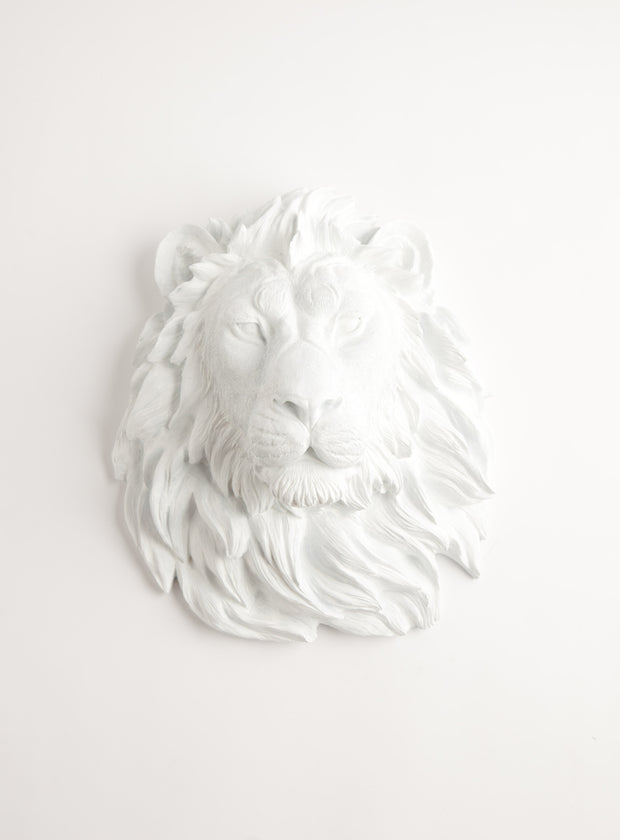 White Faux Taxidermy Lion Head Wall Mount, The Walter