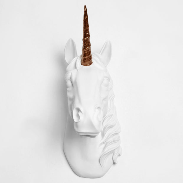 Back in Stock! The Bayer in White & Bronze | Large Chic Unicorn Decor, Faux Wall Mount