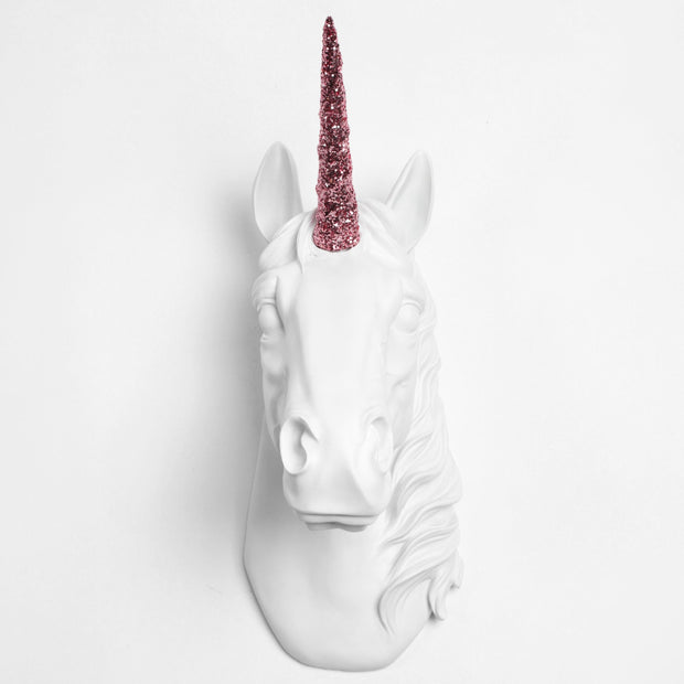 Back in Stock! The Bayer in White & Rose Glitter | Large Chic Unicorn Decor, Faux Wall Mount