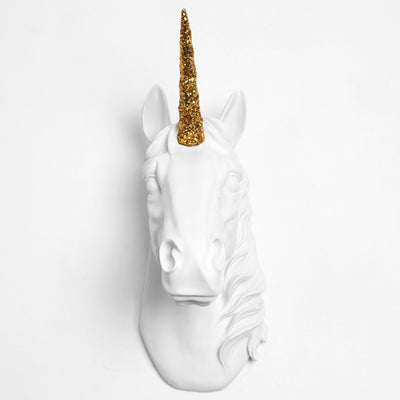 Back in Stock! The Bayer in White & Gold Glitter | Large Chic Unicorn Decor, Faux Wall Mount