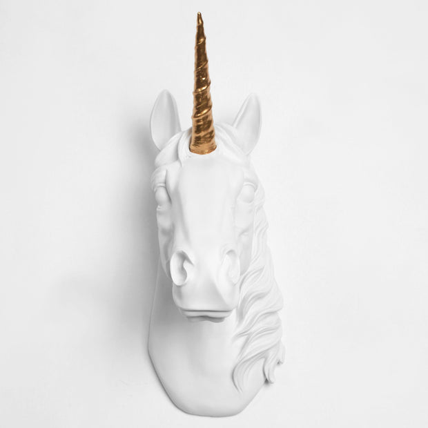 Back in Stock! The Bayer in White & Gold | Large Chic Unicorn Decor, Faux Wall Mount