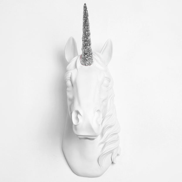 Back in Stock! The Bayer in White & Silver Glitter | Large Chic Unicorn Decor, Faux Wall Mount