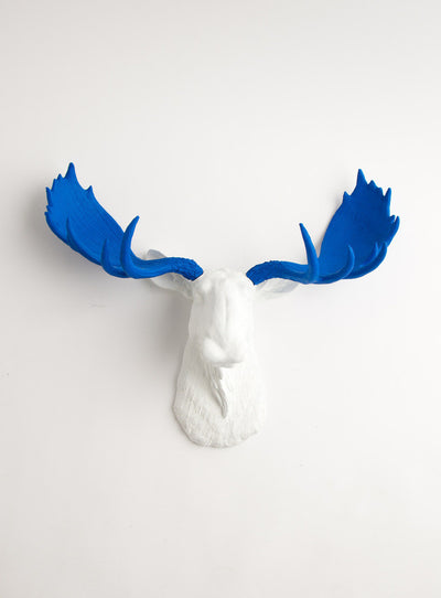 White Faux Moose Head with Blue Antlers, The Tsar 18.5" tall